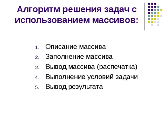 Алгоритм решения задач с использованием массивов: Описание массива Заполнение массива Вывод массива (распечатка) Выполнение условий задачи Вывод результата 