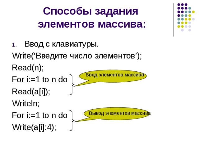 Способы задания  элементов массива: Ввод с клавиатуры. Write(‘Введите число элементов’); Read(n); For i:=1 to n do Read(a[i]); Writeln; For i:=1 to n do Write(a[i]:4); Ввод элементов массива Вывод элементов массива 