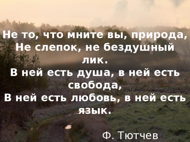 Не то, что мните вы, природа,  Не слепок, не бездушный лик.  В ней есть душа, в ней есть свобода,  В ней есть любовь, в ней есть язык.   Ф. Тютчев 