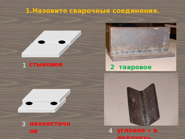 1.Назовите сварочные соединения. стыковое 1 2 тавровое нахлесточное 3 угловое « в лодочку» 4 