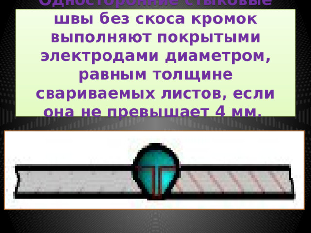 Односторонние стыковые швы без скоса кромок выполняют покрытыми электродами диаметром, равным толщине свариваемых листов, если она не превышает 4 мм.   