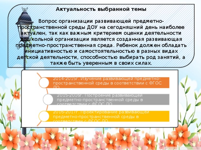 Актуальность выбранной темы  Вопрос организации развивающей предметно-пространственной среды ДОУ на сегодняшний день наиболее актуален, так как важным критерием оценки деятельности дошкольной организации является созданная развивающая предметно-пространственная среда. Ребенок должен обладать инициативностью и самостоятельностью в разных видах детской деятельности, способностью выбирать род занятий, а также быть уверенным в своих силах. 2014-2015г. Изучение развивающей предметно-пространственной среды в соответствии с ФГОС ДО. 2015-2016г. Построение развивающей предметно-пространственной среды в соответствии с ФГОС ДО 2016-2017г. Проектирование развивающей предметно-пространственной среды в соответствии с ФГОС ДО   2 