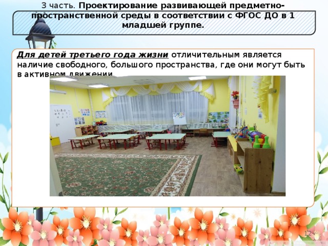 3 часть. Проектирование развивающей предметно-пространственной среды в соответствии с ФГОС ДО в 1 младшей группе. Для детей третьего года жизни  отличительным является наличие свободного, большого пространства, где они могут быть в активном движении. 2 2 