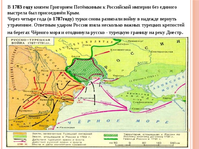 В 1783 году князем Григорием Потёмкиным к Российской империи без единого выстрела был присоединён Крым. Через четыре года (в 1787году) турки снова развязали войну в надежде вернуть утраченное. Ответным ударом Россия  взяла несколько важных турецких крепостей на берегах Чёрного моря и отодвинула русско - турецкую границу на реку Днестр . 