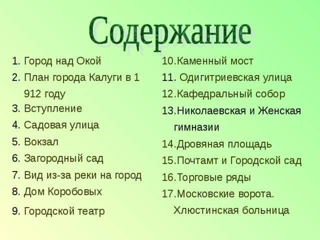 Город над Окой План города Калуги в 1912 году Вступление Садовая улица Вокзал Загородный сад Вид из-за реки на город Дом Коробовых Городской театр Каменный мост  Одигитриевская улица Кафедральный собор Николаевская и Женская гимназии Дровяная площадь Почтамт и Городской сад Торговые ряды Московские ворота. Хлюстинская больница 