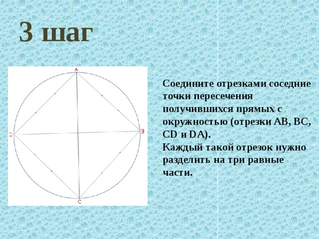 3 шаг Соедините отрезками соседние точки пересечения получившихся прямых с окружностью (отрезки AB, BC, CD и DA). Каждый такой отрезок нужно разделить на три равные части.  