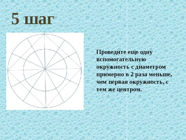 5 шаг Проведите еще одну вспомогательную окружность с диаметром примерно в 2 раза меньше, чем первая окружность, с тем же центром. 