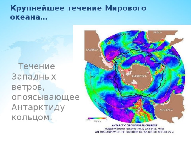 Крупнейшее течение Мирового океана…  Течение Западных ветров, опоясывающее Антарктиду кольцом. 