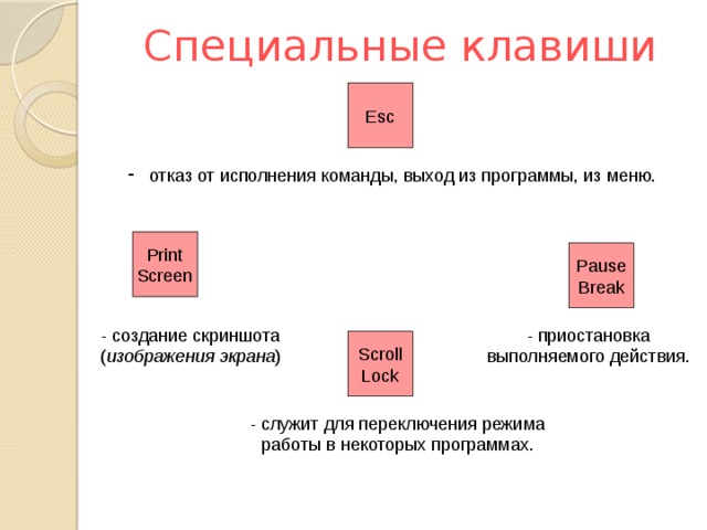 Специальные клавиши Esc  отказ от исполнения команды, выход из программы, из меню. Print Screen Pause Break - создание скриншота ( изображения экрана ) - приостановка выполняемого действия. Scroll Lock - служит для переключения режима работы в некоторых программах. 