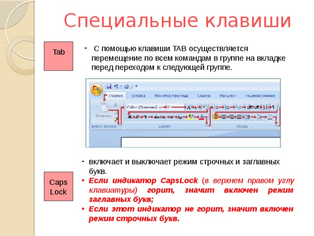Специальные клавиши Tab  С помощью клавиши TAB осуществляется перемещение по всем командам в группе на вкладке перед переходом к следующей группе. включает и выключает режим строчных и заглавных букв. Если индикатор CapsLock  ( в верхнем правом углу клавиатуры) горит, значит включен режим заглавных букв; Если этот индикатор не горит, значит включен режим строчных букв.  Caps Lock 