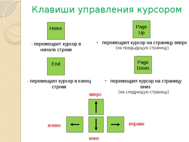 Клавиши управления курсором Page Up Home  перемещает курсор на страницу вверх  (на предыдущую страницу) - перемещает курсор в начало строки Page Down End - перемещает курсор в конец строки  перемещает курсор на страницу вниз  (на следующую страницу) вверх вправо влево вниз 