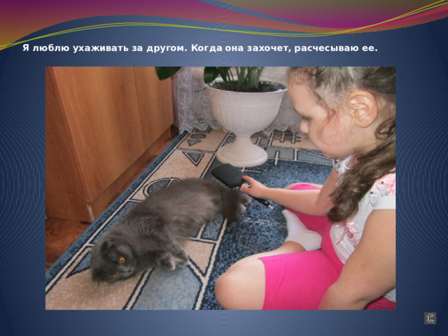 Я люблю ухаживать за другом. Когда она захочет, расчесываю ее. 