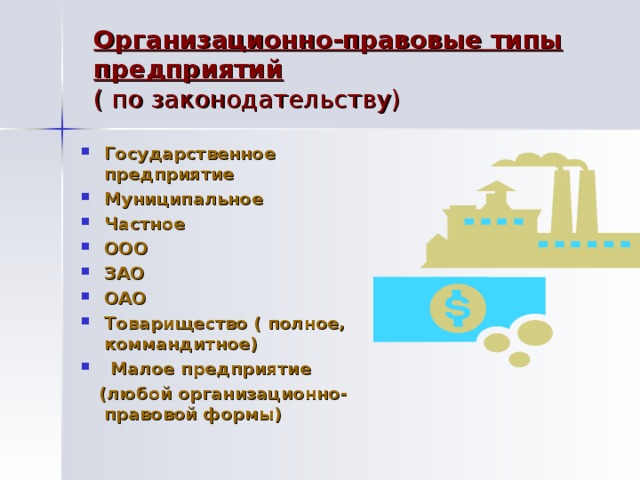 Организационно-правовые типы предприятий  ( по законодательству) Государственное предприятие Муниципальное Частное ООО ЗАО ОАО Товарищество ( полное, коммандитное)  Малое предприятие  (любой организационно-правовой формы)  