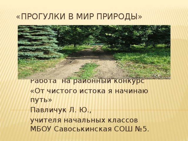 «Прогулки в мир природы»   Работа на районный конкурс «От чистого истока я начинаю путь» Павличук Л. Ю., учителя начальных классов МБОУ Савоськинская СОШ №5.