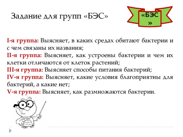 «БЭС » Задание для групп «БЭС» I-я группа:  Выясняет, в каких средах обитают бактерии и с чем связаны их названия; II-я группа:  Выясняет, как устроены бактерии и чем их клетки отличаются от клеток растений; III-я группа:  Выясняет способы питания бактерий; IV-я группа:  Выясняет, какие условия благоприятны для бактерий, а какие нет; V-я группа:  Выясняет, как размножаются бактерии. 