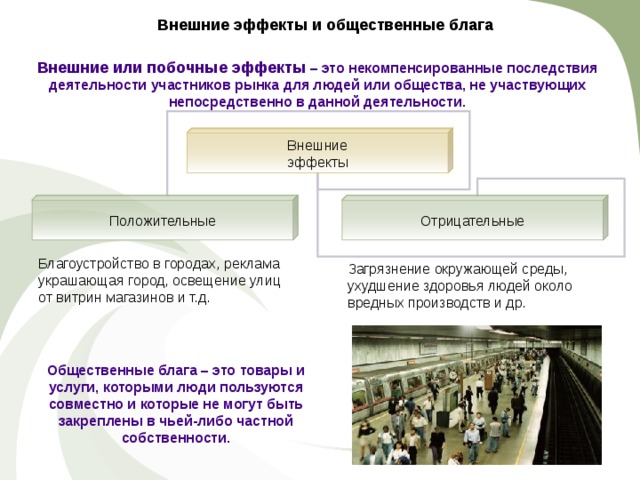 Внешние эффекты и общественные блага Внешние или побочные эффекты – это некомпенсированные последствия деятельности участников рынка для людей или общества, не участвующих непосредственно в данной деятельности. Внешние эффекты Положительные Отрицательные Благоустройство в городах, реклама украшающая город, освещение улиц от витрин магазинов и т.д. Загрязнение окружающей среды, ухудшение здоровья людей около вредных производств и др. Общественные блага – это товары и услуги, которыми люди пользуются совместно и которые не могут быть закреплены в чьей-либо частной собственности. 