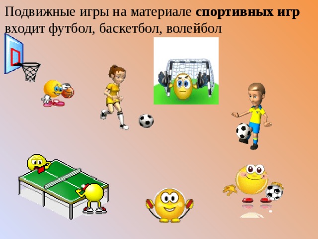 Подвижные игры на материале спортивных игр входит футбол, баскетбол, волейбол                                                   