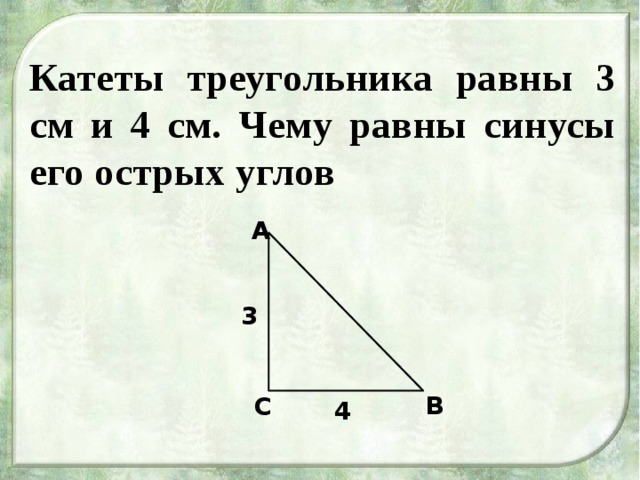 Катеты треугольника равны 3 см и 4 см. Чему равны синусы его острых углов А  3 В С 4 