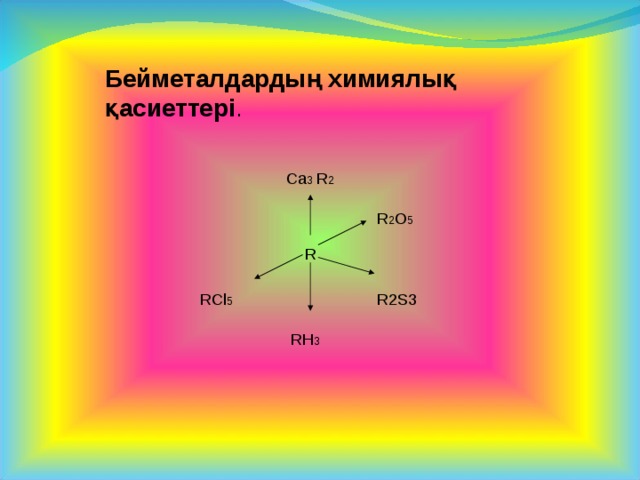 Бейметалдардың химиялық қасиеттері . Ca 3 R 2 R 2 O 5   R RCl 5 R2S3 RH 3 
