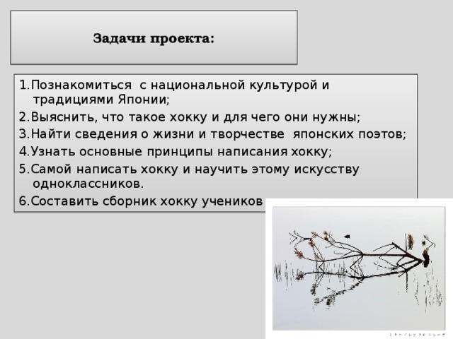  Задачи проекта:   1.Познакомиться с национальной культурой и традициями Японии; 2.Выяснить, что такое хокку и для чего они нужны; 3.Найти сведения о жизни и творчестве японских поэтов; 4.Узнать основные принципы написания хокку; 5.Самой написать хокку и научить этому искусству одноклассников. 6.Составить сборник хокку учеников моего класса. 