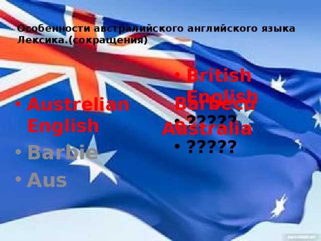 Особенности австралийского английского языка  Лексика.(сокращения)   British English Austrelian English ????? ????? Barbie Aus   Barbecue Australia