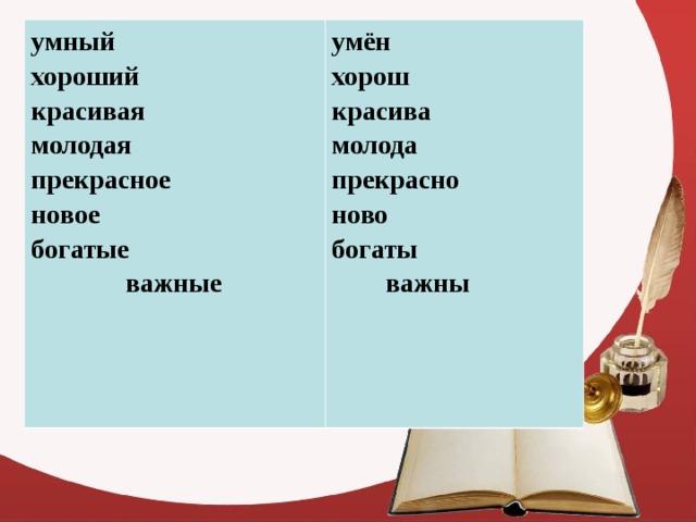 умный  хороший  красивая  молодая  прекрасное  новое  богатые  важные умён  хорош  красива  молода  прекрасно  ново  богаты  важны 