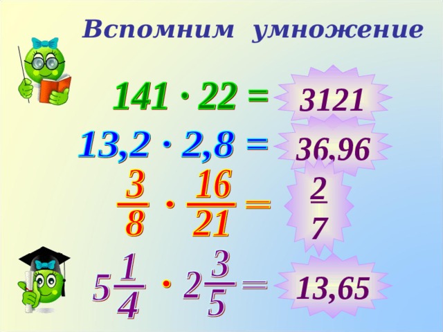 Вспомним умножение 3121 36,96 2 7 Примеры выполняются учеником на доске 13,65  