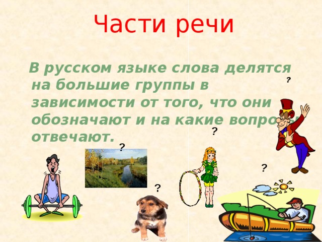 Части речи    В русском языке слова делятся на большие группы в зависимости от того, что они обозначают и на какие вопросы отвечают. ? ? ? ? ? ? 