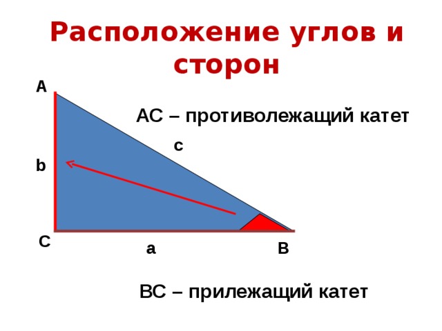 Расположение углов и сторон А АС – противолежащий катет c b С В a ВС – прилежащий катет 