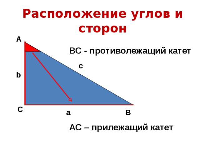 Расположение углов и сторон А ВС - противолежащий катет c b С В a АС – прилежащий катет 