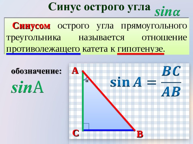 Синусом  острого угла прямоугольного треугольника называется отношение противолежащего катета к гипотенузе. A C B 