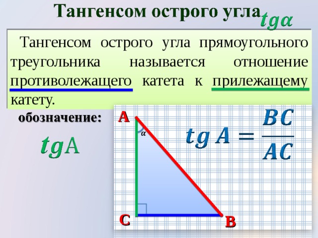 Тангенсом острого угла прямоугольного треугольника называется отношение противолежащего катета к прилежащему катету. A C B 