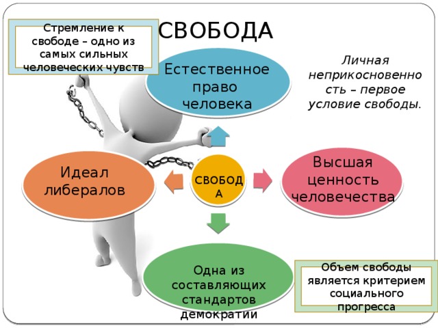 СВОБОДА Стремление к свободе – одно из самых сильных человеческих чувств Личная неприкосновенность – первое условие свободы. Естественное право человека Высшая ценность человечества Идеал либералов СВОБОДА Одна из составляющих стандартов демократии Объем свободы является критерием социального прогресса 