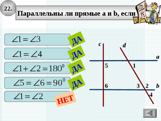 22. ДА ДА ДА ДА НЕТ Параллельны ли прямые а и b, если  с d  а 5 1   2 b 6 3 4  