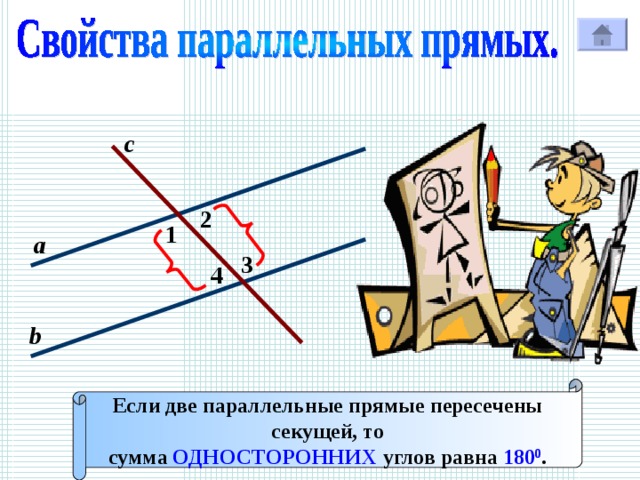 с 2 1 а 3 4 Р b Если две параллельные прямые пересечены секущей, то сумма ОДНОСТОРОННИХ углов равна 180 0 . 