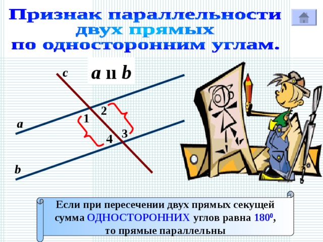 a  ıı b с 2 1 а 3 4 Р b Если при пересечении двух прямых секущей сумма ОДНОСТОРОННИХ углов равна 180 0 , то прямые параллельны 