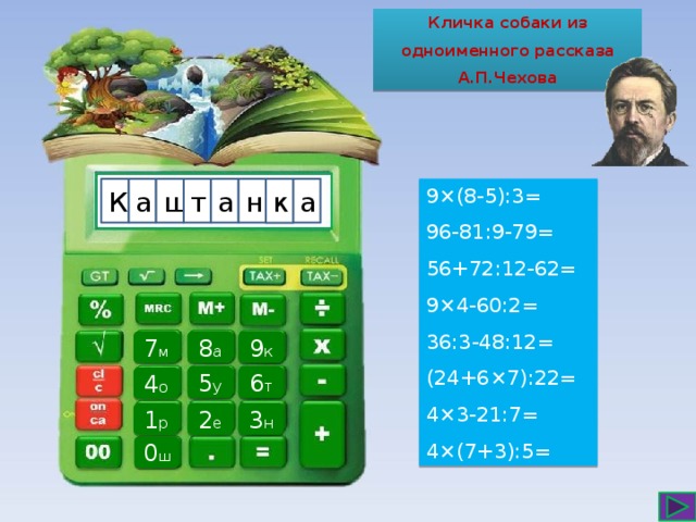 Кличка собаки из одноименного рассказа А.П.Чехова К ш т н а а 9×(8-5):3= а 96-81:9-79= 56+72:12-62= 9×4-60:2= 36:3-48:12= (24+6×7):22= 4×3-21:7= 4×(7+3):5= к 8 а 9 к 7 м 6 т 5 у 4 о 2 е 1 р 3 н 0 ш 