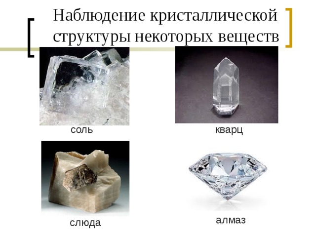 Наблюдение кристаллической структуры некоторых веществ соль кварц алмаз слюда 