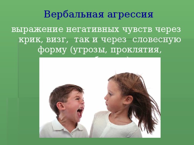Вербальная агрессия выражение негативных чувств через крик, визг, так и через словесную форму (угрозы, проклятия, оскорбления)