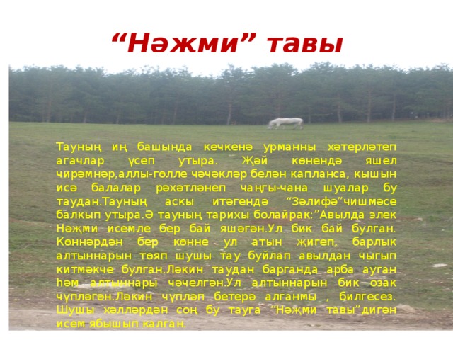 “ Нәҗми” тавы Тауның иң башында кечкенә урманны хәтерләтеп агачлар үсеп утыра. Җәй көнендә яшел чирәмнәр,аллы-гөлле чәчәкләр белән капланса, кышын исә балалар рәхәтләнеп чаңгы-чана шуалар бу таудан.Тауның аскы итәгендә “Зәлифә”чишмәсе балкып утыра.Ә тауның тарихы болайрак:”Авылда элек Нәҗми исемле бер бай яшәгән.Ул бик бай булган. Көннәрдән бер көнне ул атын җигеп, барлык алтыннарын төяп шушы тау буйлап авылдан чыгып китмәкче булган.Ләкин таудан барганда арба ауган һәм алтыннары чәчелгән.Ул алтыннарын бик озак чүпләгән.Ләкин чүпләп бетерә алганмы , билгесез. Шушы хәлләрдән соң бу тауга “Нәҗми тавы”дигән исем ябышып калган. 