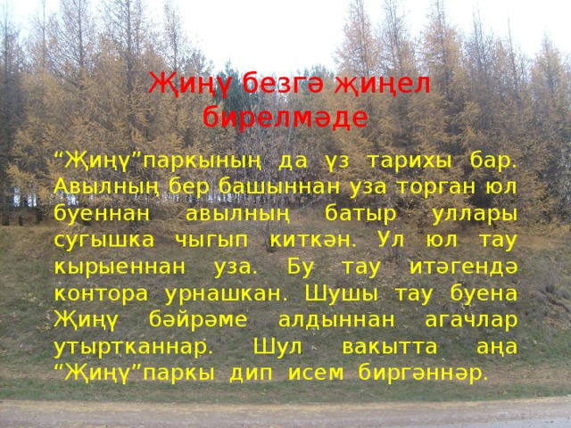 Җиңү безгә җиңел бирелмәде “ Җиңү”паркының да үз тарихы бар. Авылның бер башыннан уза торган юл буеннан авылның батыр уллары сугышка чыгып киткән. Ул юл тау кырыеннан уза. Бу тау итәгендә контора урнашкан. Шушы тау буена Җиңү бәйрәме алдыннан агачлар утыртканнар. Шул вакытта аңа “Җиңү”паркы дип исем биргәннәр. 