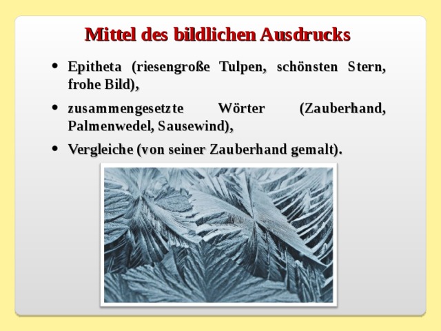 Mittel des bildlichen Ausdrucks Epitheta (riesengroße Tulpen, schönsten Stern, frohe Bild), zusammengesetzte Wörter (Zauberhand, Palmenwedel, Sausewind), Vergleiche (von seiner Zauberhand gemalt). 