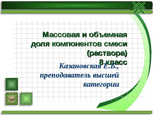 Массовая и объемная доля компонентов смеси (раствора)  8 класс Казановская Е.Б., преподаватель высшей категории 