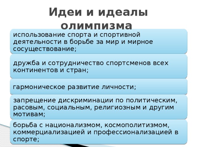 Идеи и идеалы олимпизма использование спорта и спортивной деятельности в борьбе за мир и мирное сосуществование; дружба и сотрудничество спортсменов всех континентов и стран; гармоническое развитие личности; запрещение дискриминации по политическим, расовым, социальным, религиозным и другим мотивам; борьба с национализмом, космополитизмом, коммерциализацией и профессионализацией в спорте; 