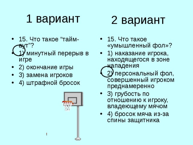 1 вариант 2 вариант 15. Что такое “тайм-аут”? 1) минутный перерыв в игре 2) окончание игры 3) замена игроков 4) штрафной бросок 15. Что такое «умышленный фол»? 1) наказание игрока, находящегося в зоне нападения 2) персональный фол, совершенный игроком преднамеренно 3) грубость по отношению к игроку, владеющему мячом 4) бросок мяча из-за спины защитника 