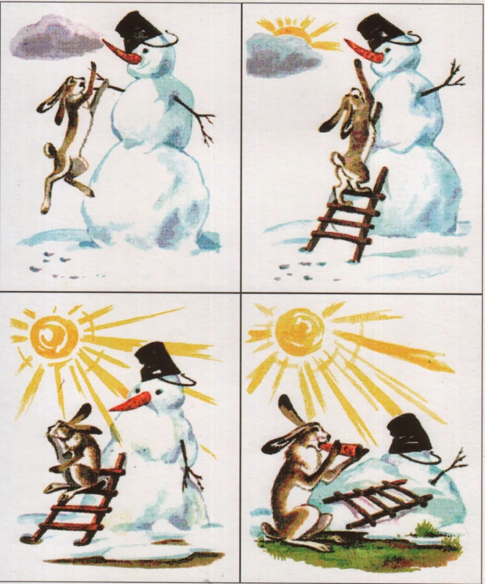 Серия сюжетных картинок заяц и Снеговик