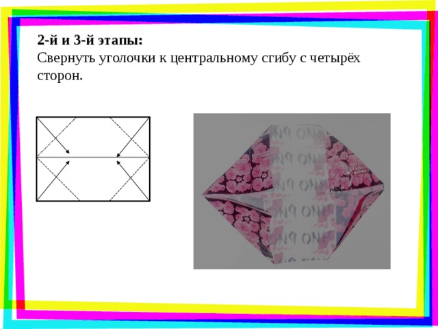 2-й и 3-й этапы: Свернуть уголочки к центральному сгибу с четырёх сторон.