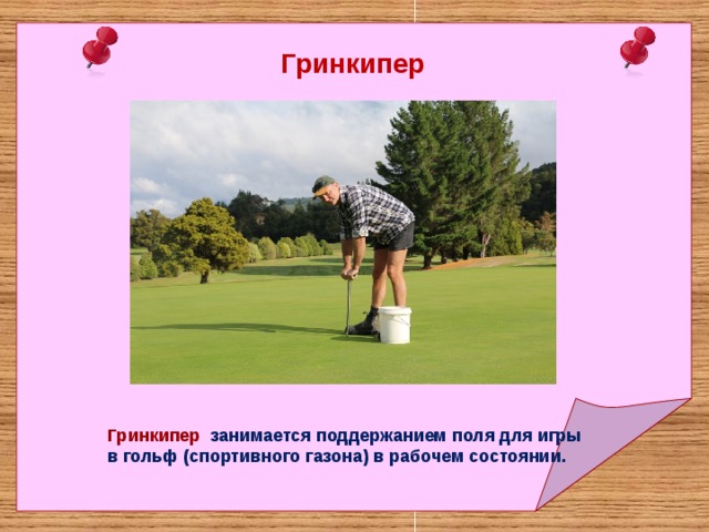  Гринкипер Гринкипер занимается поддержанием поля для игры в гольф (спортивного газона) в рабочем состоянии.  
