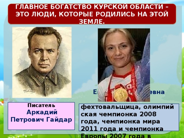 ГЛАВНОЕ БОГАТСТВО КУРСКОЙ ОБЛАСТИ – ЭТО ЛЮДИ, КОТОРЫЕ РОДИЛИСЬ НА ЭТОЙ ЗЕМЛЕ. Писатель  Аркадий Петрович Гайдар  Евгения Алексеевна Ламо́нова фехтовальщица, олимпийская чемпионка 2008 года, чемпионка мира 2011 года и чемпионка Европы 2007 года в команде.  