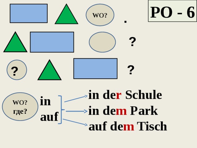 РО - 6 WO? . ? ? ? in de r Schule in de m Park auf de m Tisch in auf WO? где? 